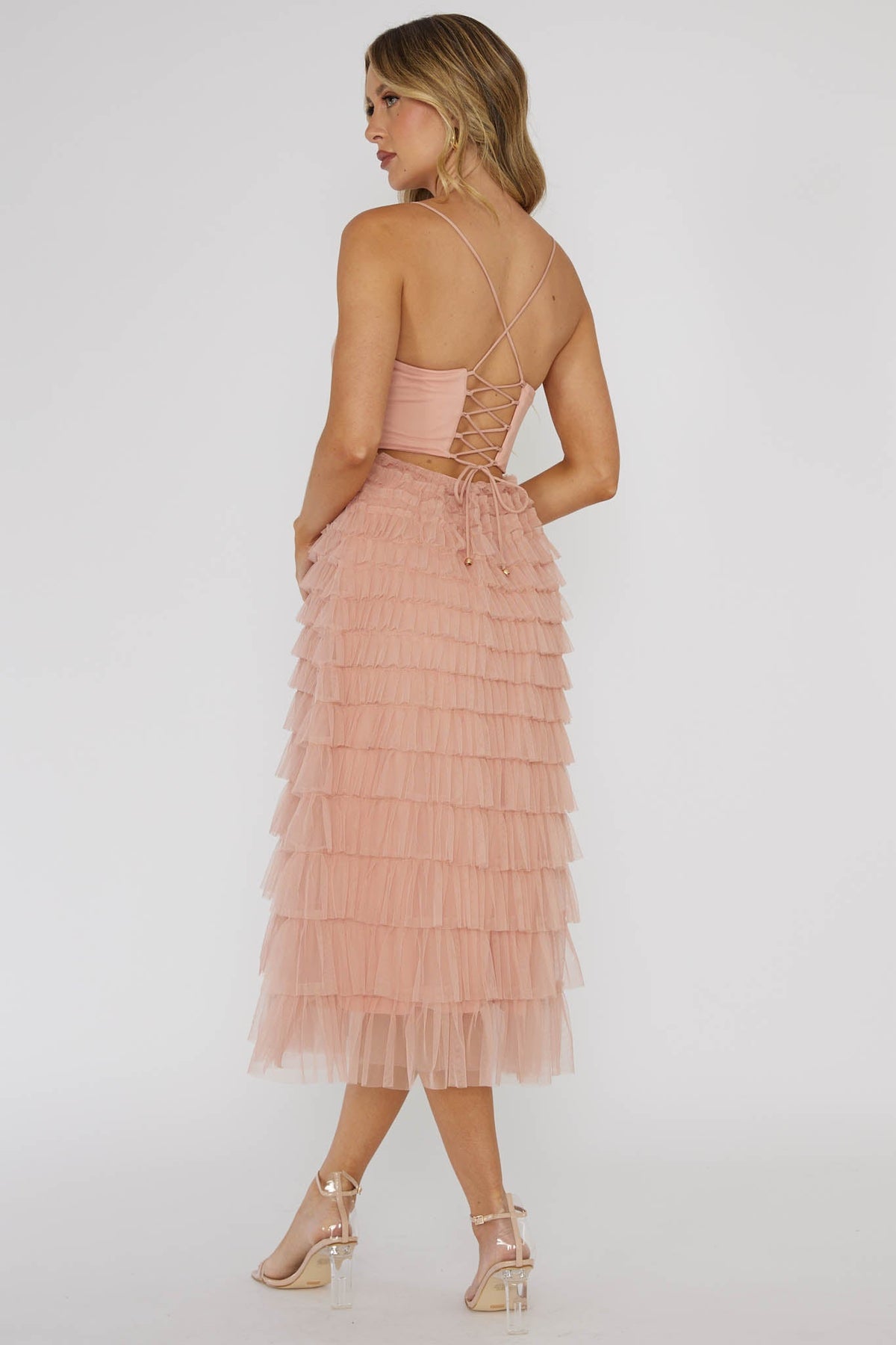 Garden Party Tiered Frill Midi Dress Blush