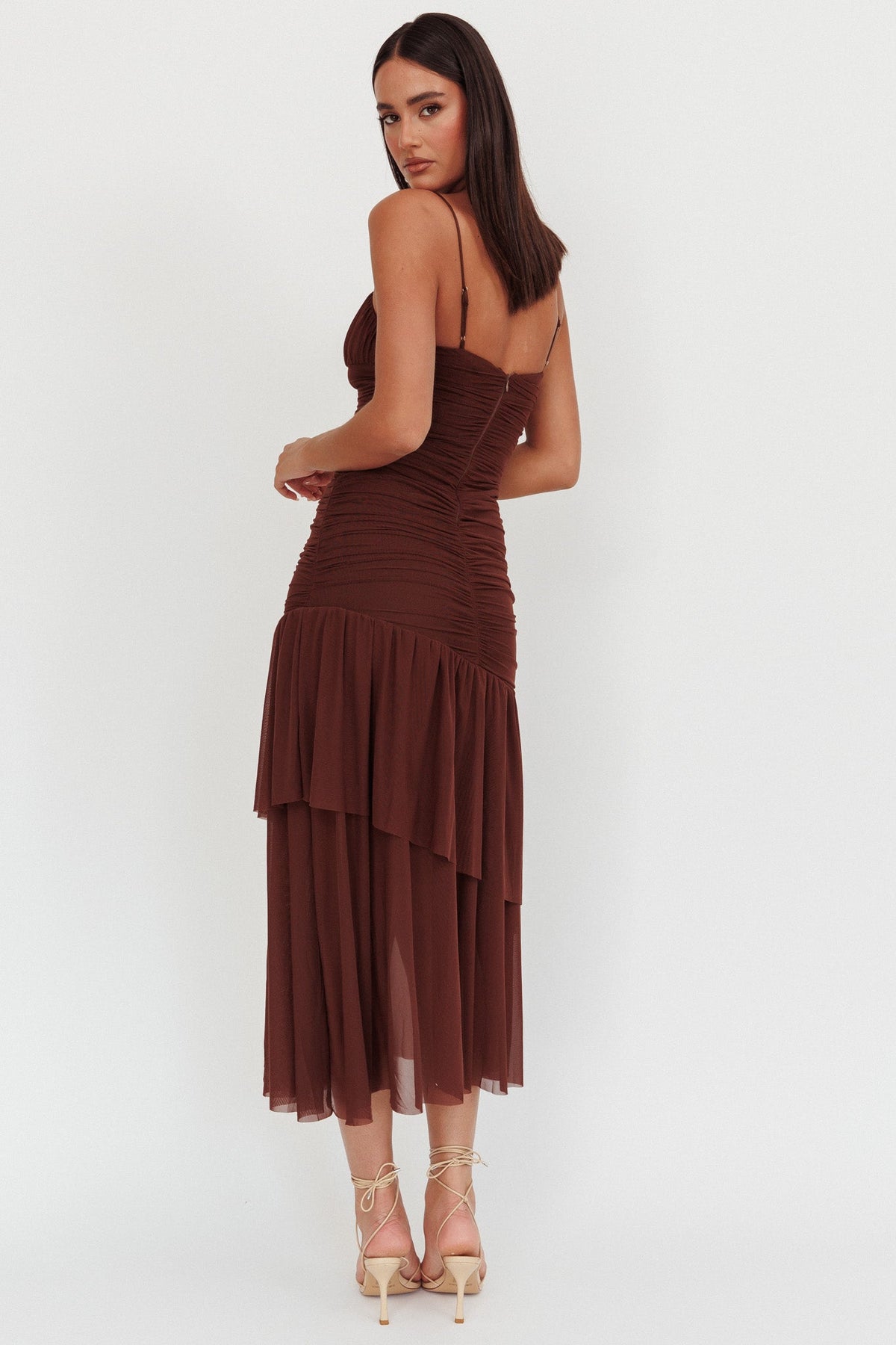 Kailua Ruched Tiered Hem Maxi Dress Chocolate