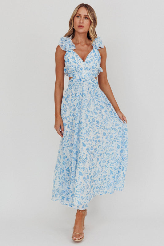 Madara Lace-Up Back Maxi Dress Flowers Blue