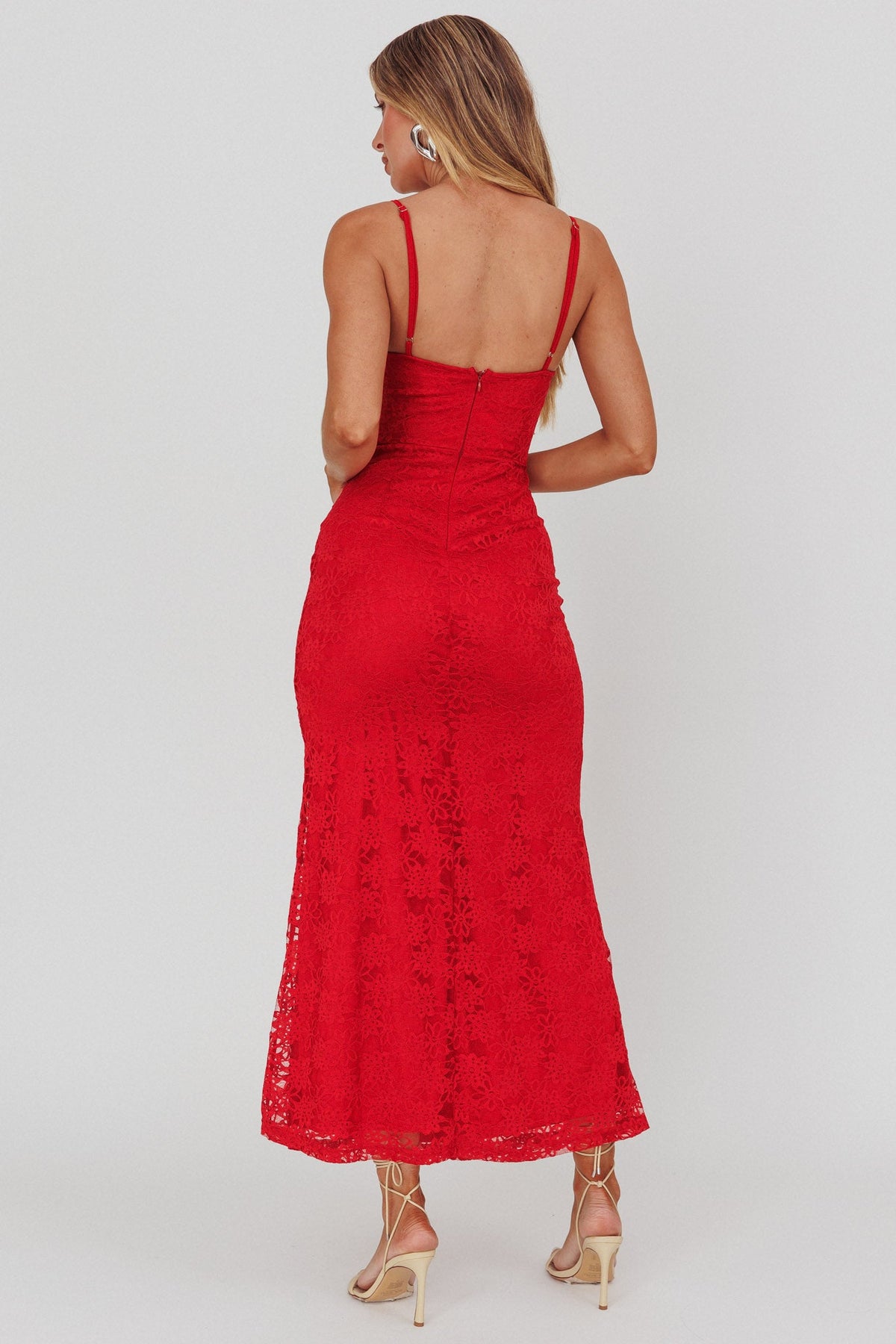 Passione Tied Bust Lace Maxi Dress Cherry