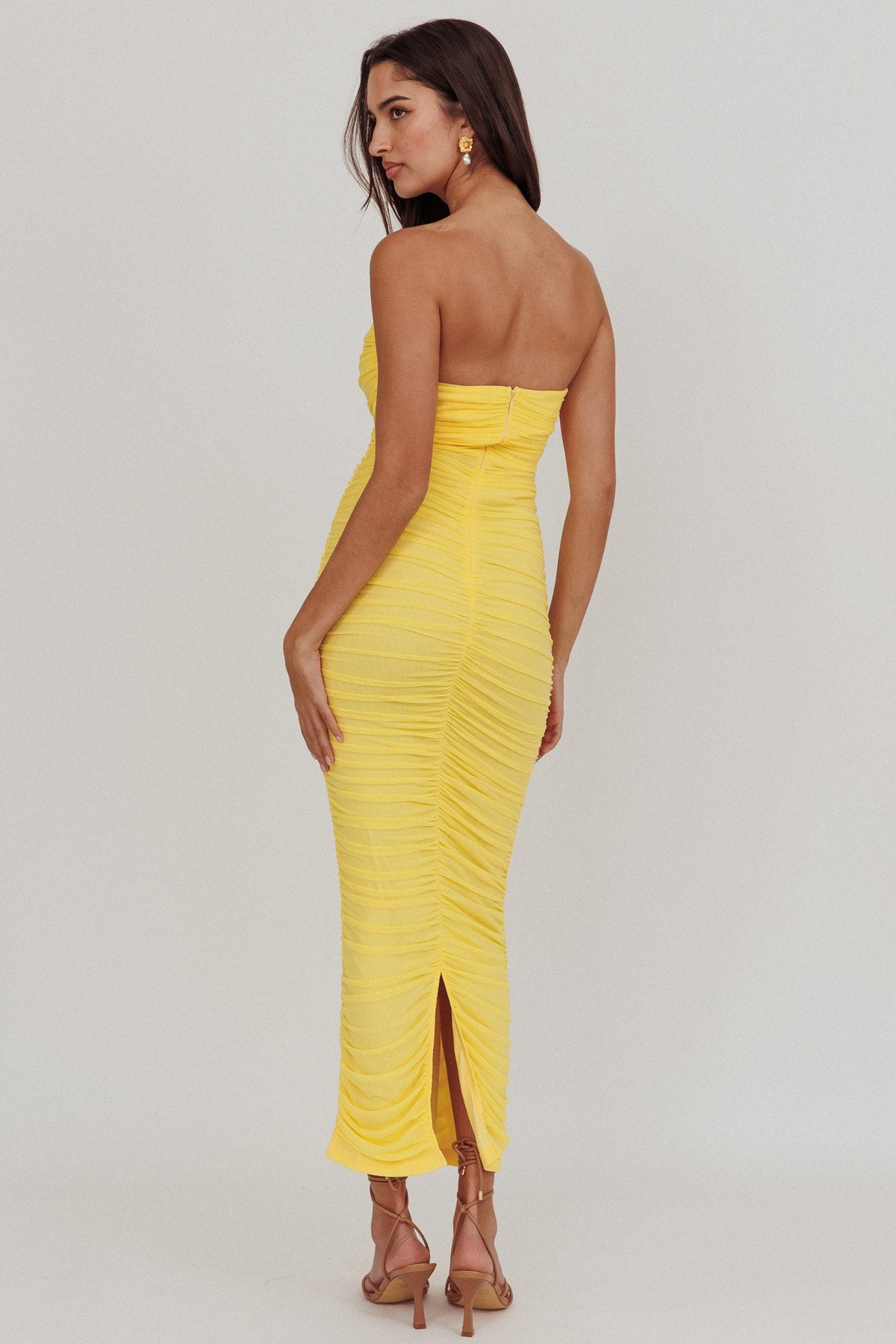 Midwest Strapless Gathered Mesh Maxi Dress Lemon