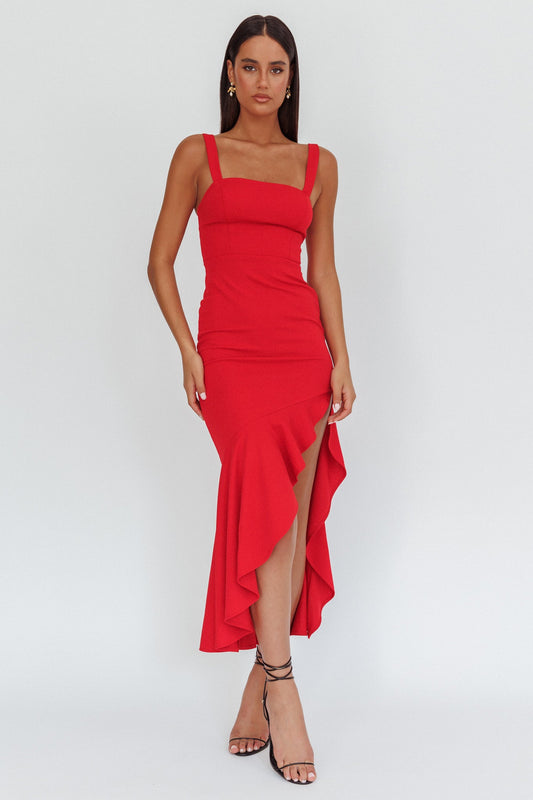 Delighted Asymmetric Hem Maxi Dress Red