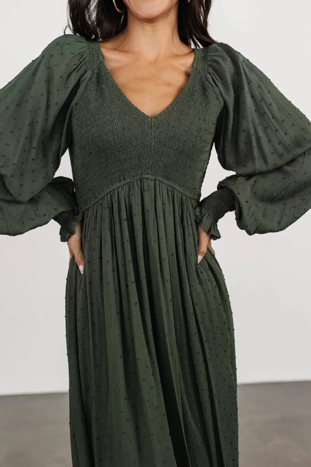 Lainey Smocked Dotted Midi Dress | Deep Olive