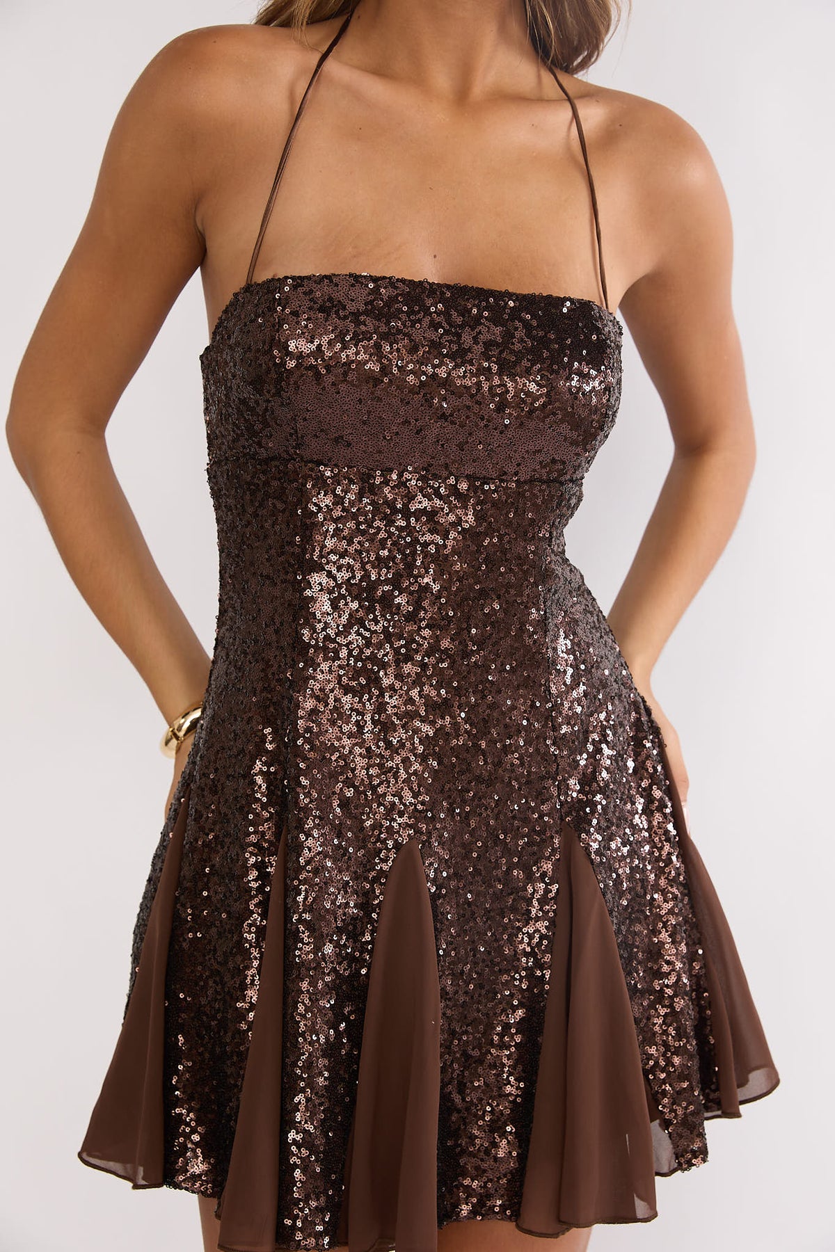 Belora Halterneck Godet Hem Mini Dress Dk Brown