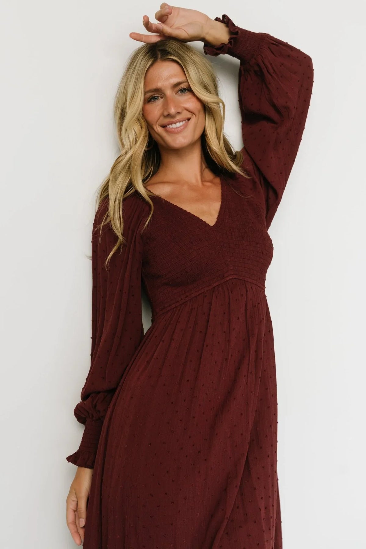 Lainey Smocked Dotted Midi Dress | Mulberry