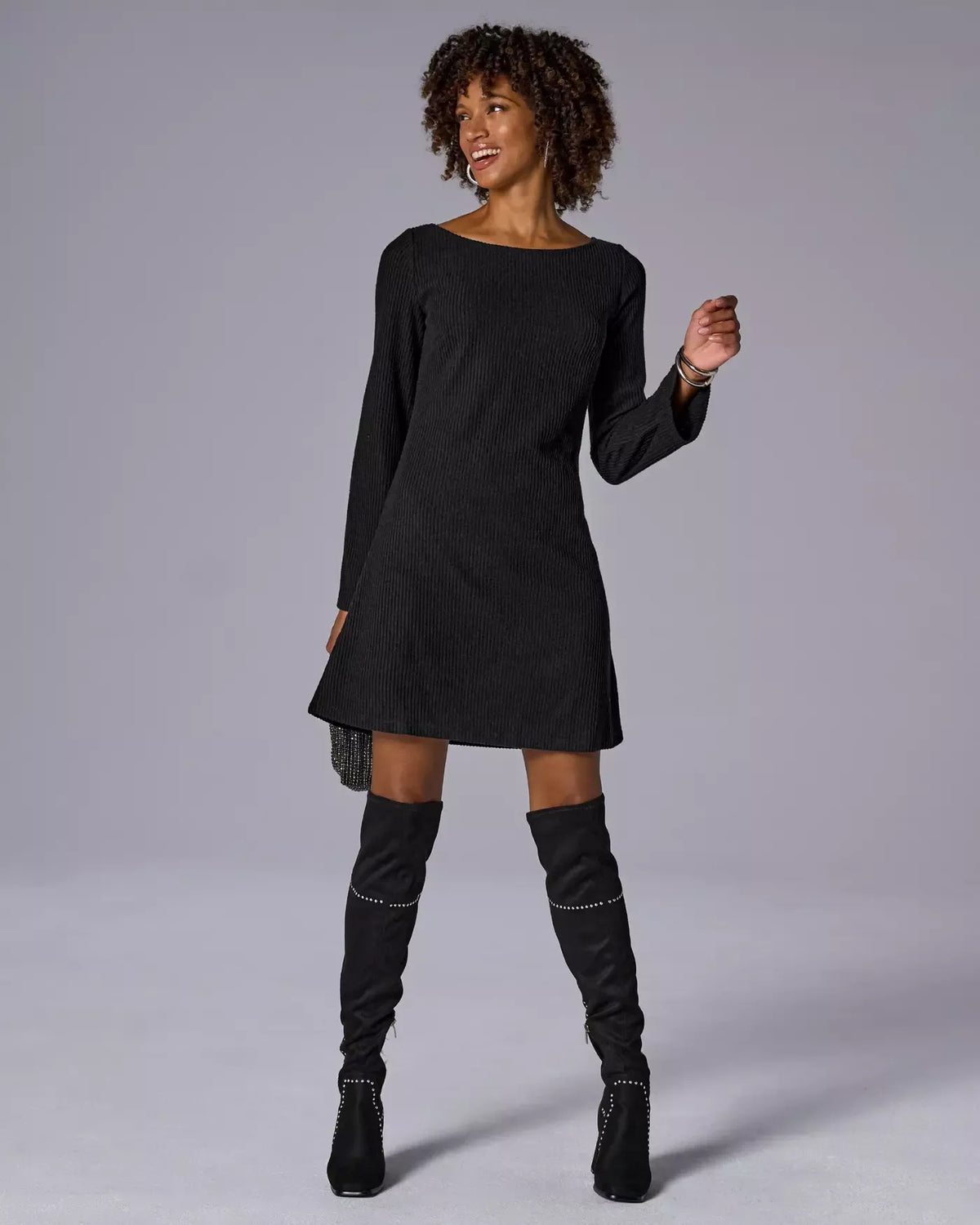 Ribbed Hacci Everyday A Line Dress Black