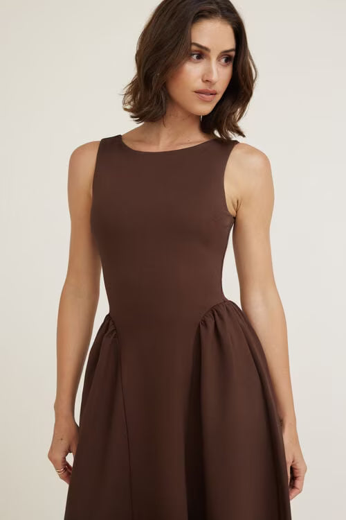 Iris Flared Ponte Maxi Dress-Bitter Chocolate Burgundy