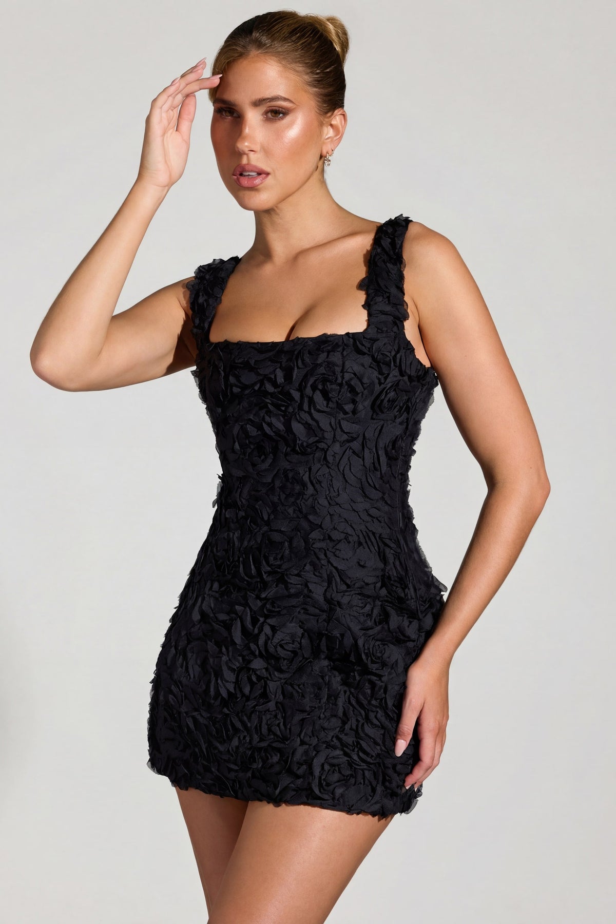 Floral-Appliqué Square-Neck Corset Mini Dress in Black