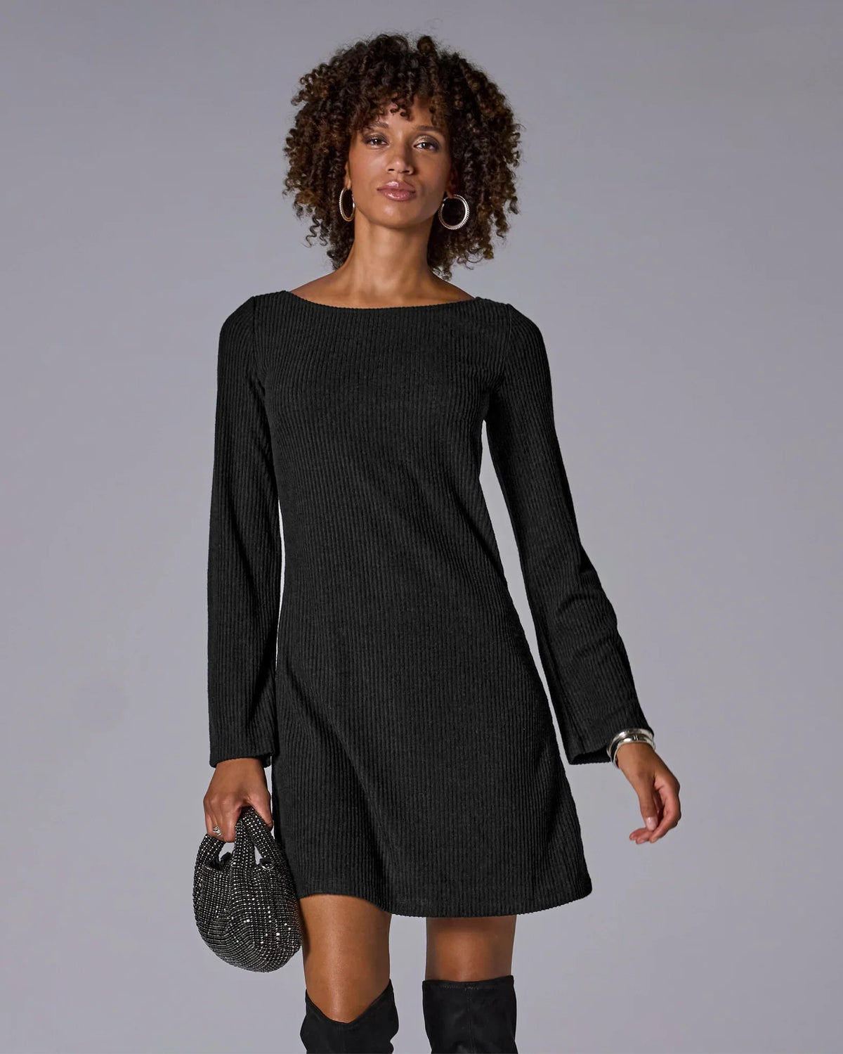 Ribbed Hacci Everyday A Line Dress Black