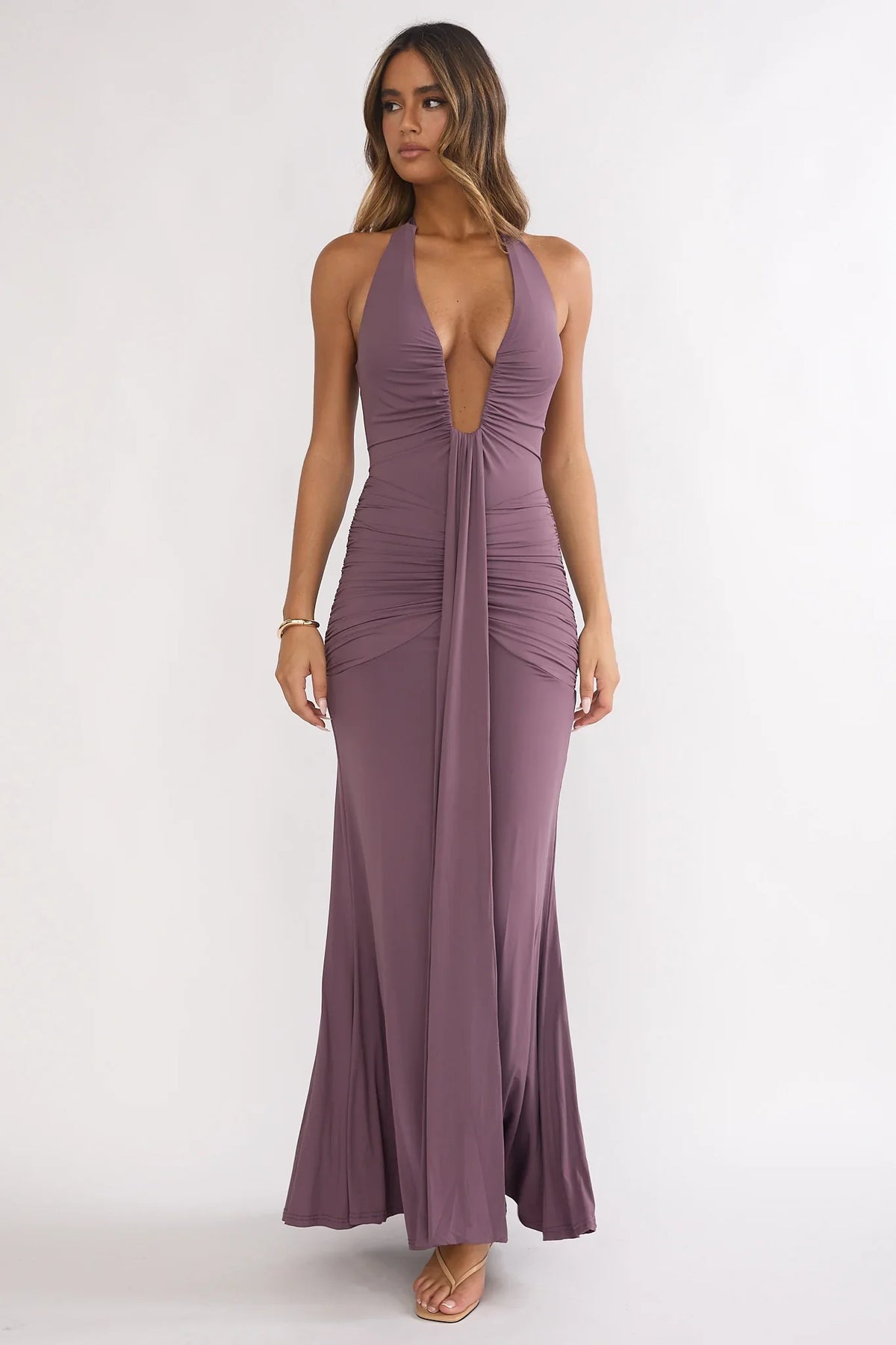 Brienna Halter Ruched Maxi Dress Mauve