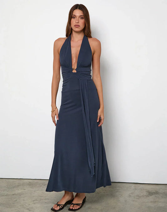 Ryoko Maxi Dress in Cupro Ocean Storm