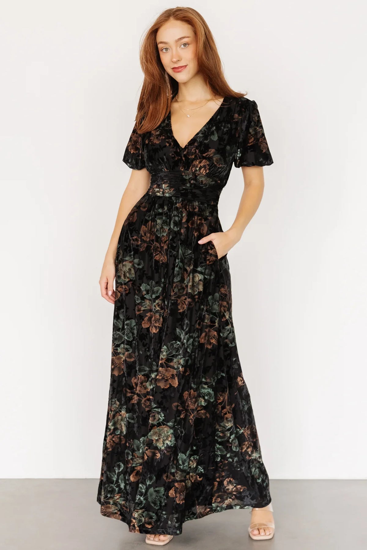 Leslie Velvet Maxi Dress | Black + Deep Jade Floral