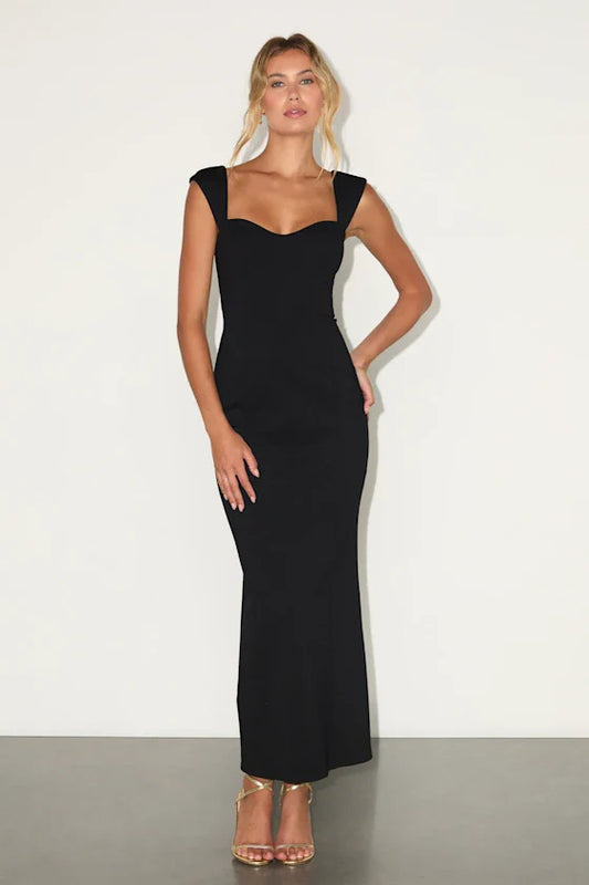 Samai Black Cap Sleeve Bodycon Midi Dress
