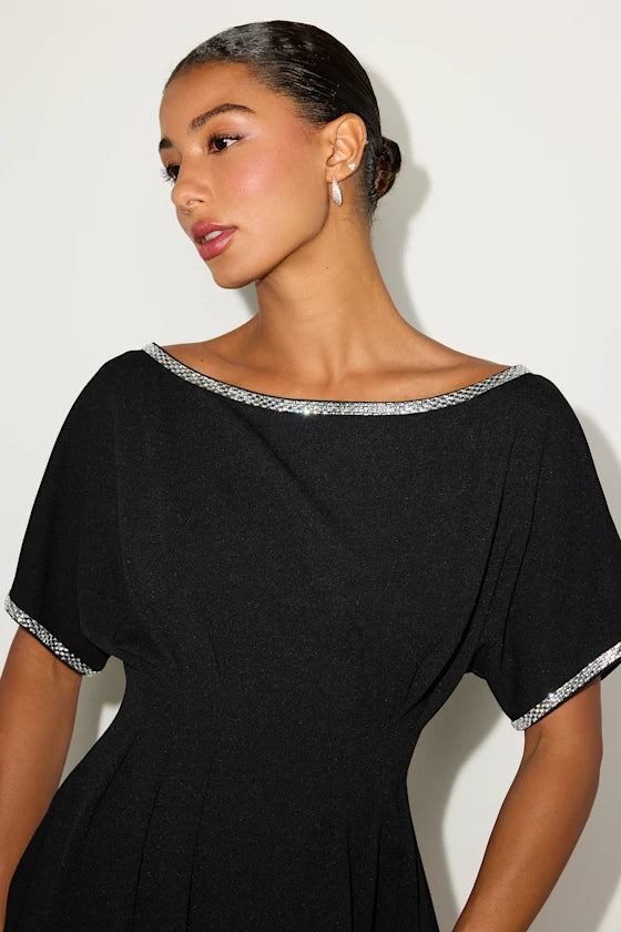 Dessen Black Rhinestone Trim Short Sleeve Mini Dress