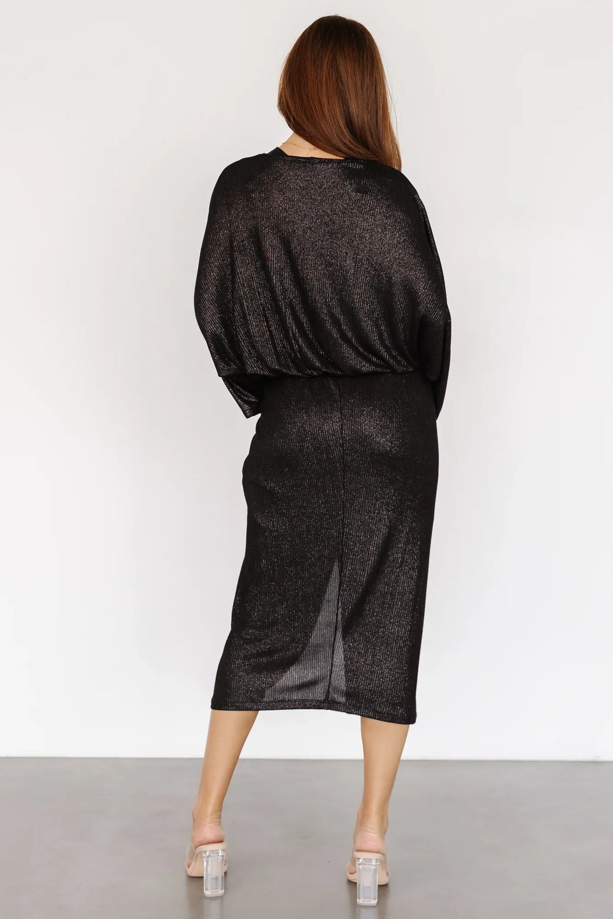 Ciara Ruched Midi Dress | Black Metallic