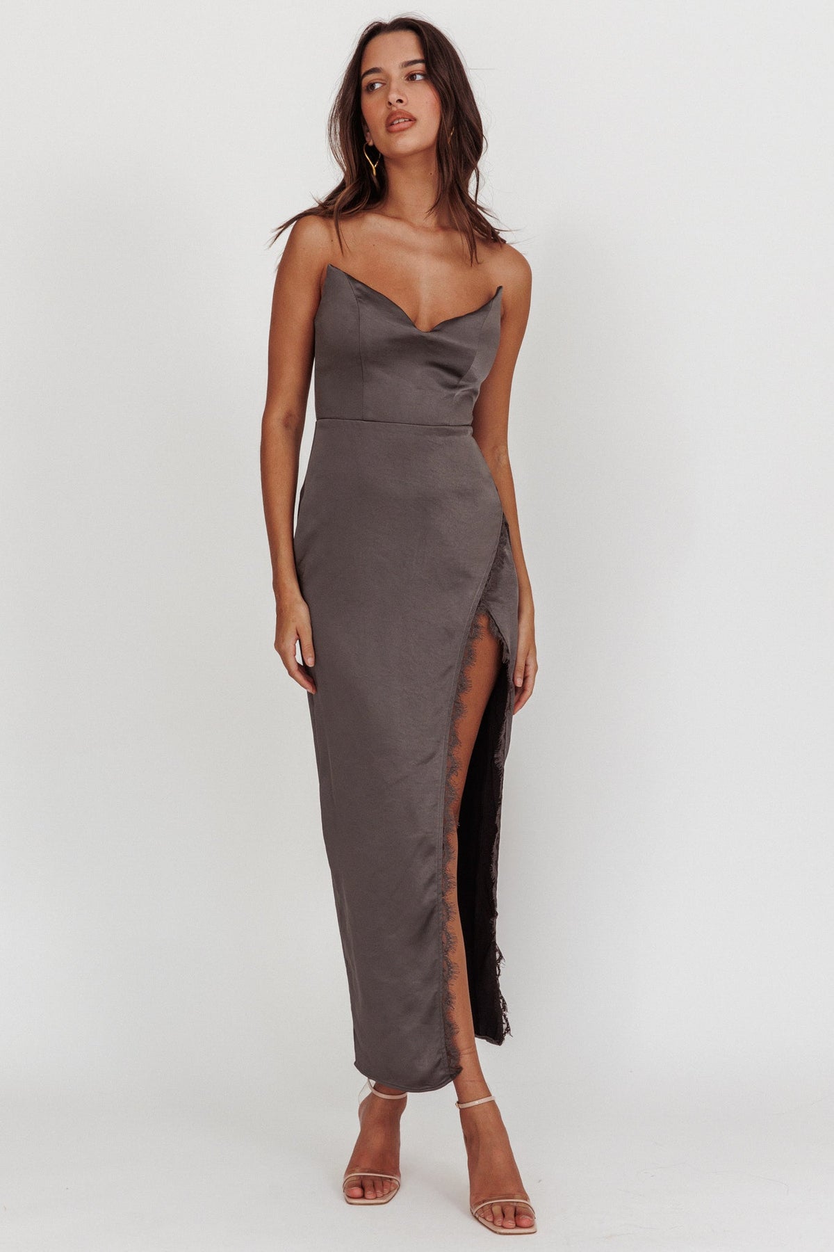 Winter Moon Strapless Lace Trim Midi Dress Charcoal