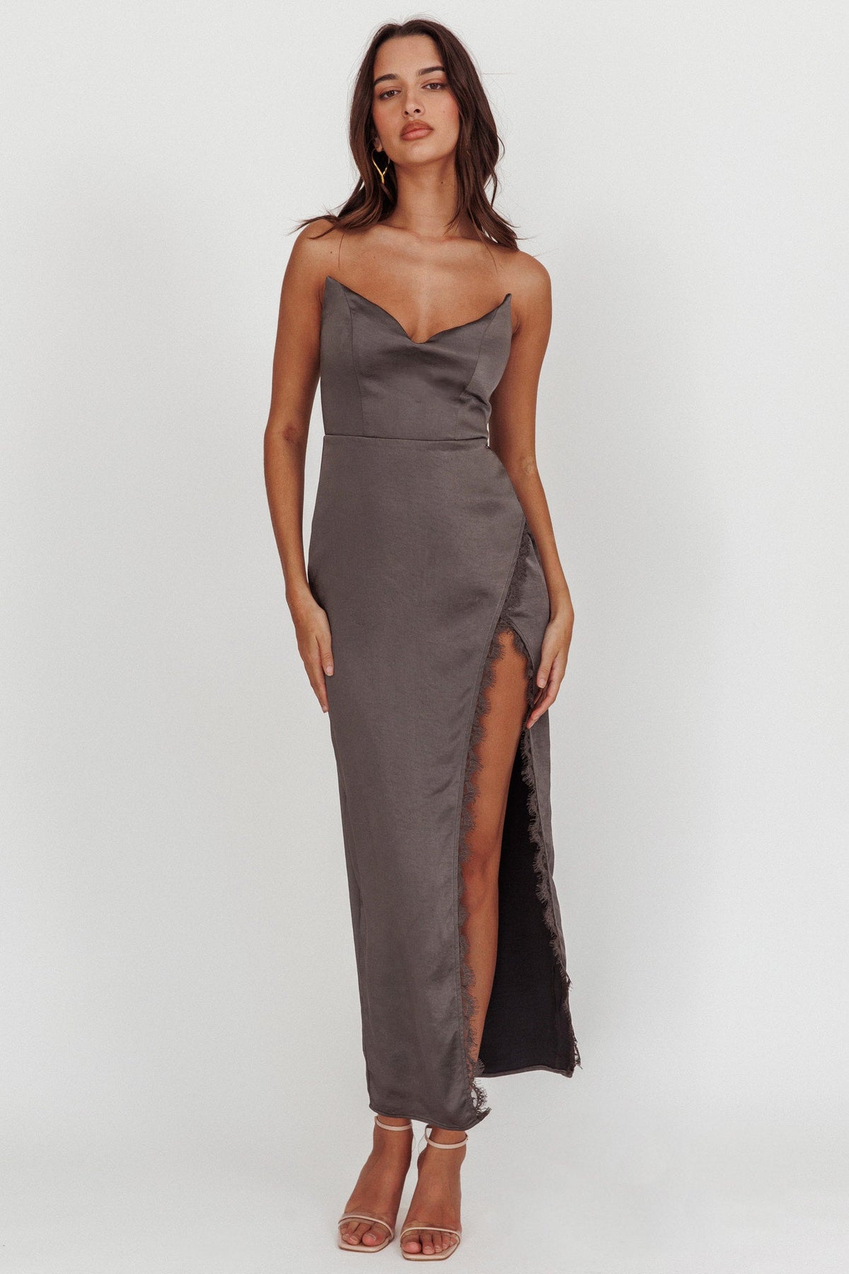 Winter Moon Strapless Lace Trim Midi Dress Charcoal