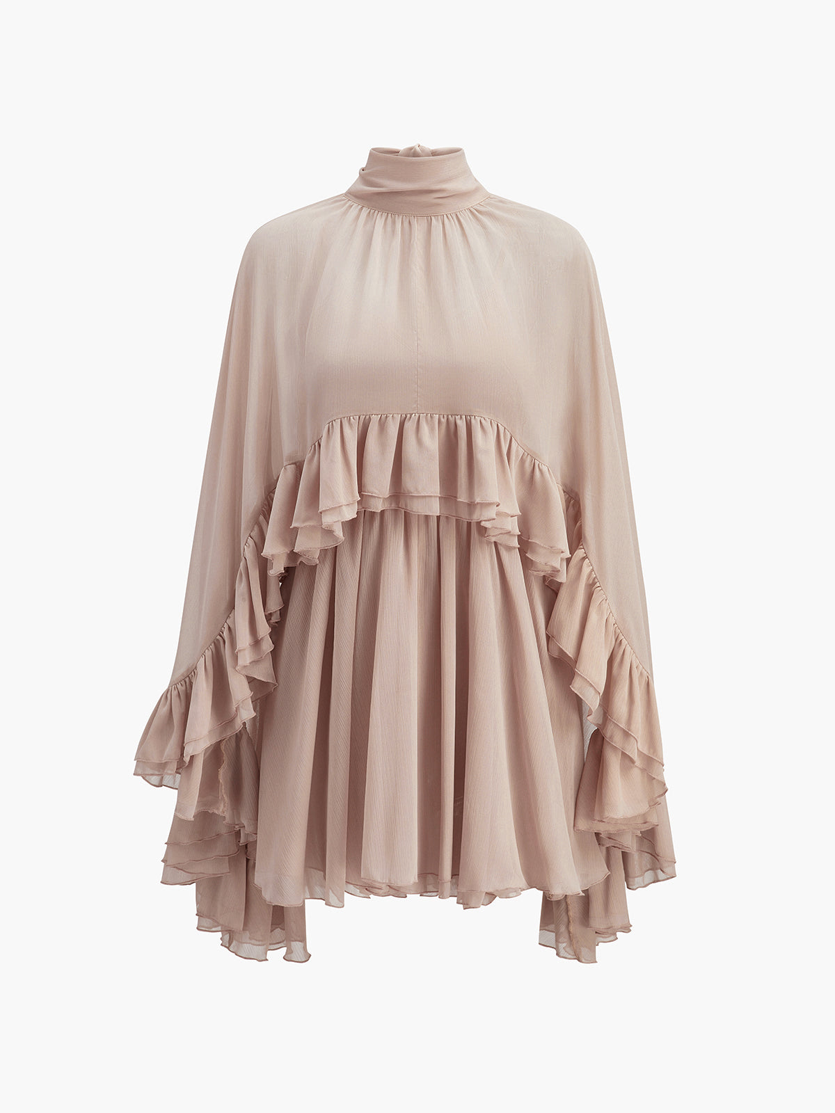 Semi-Sheer Chiffon Ruffle Dress With Outer Cape
