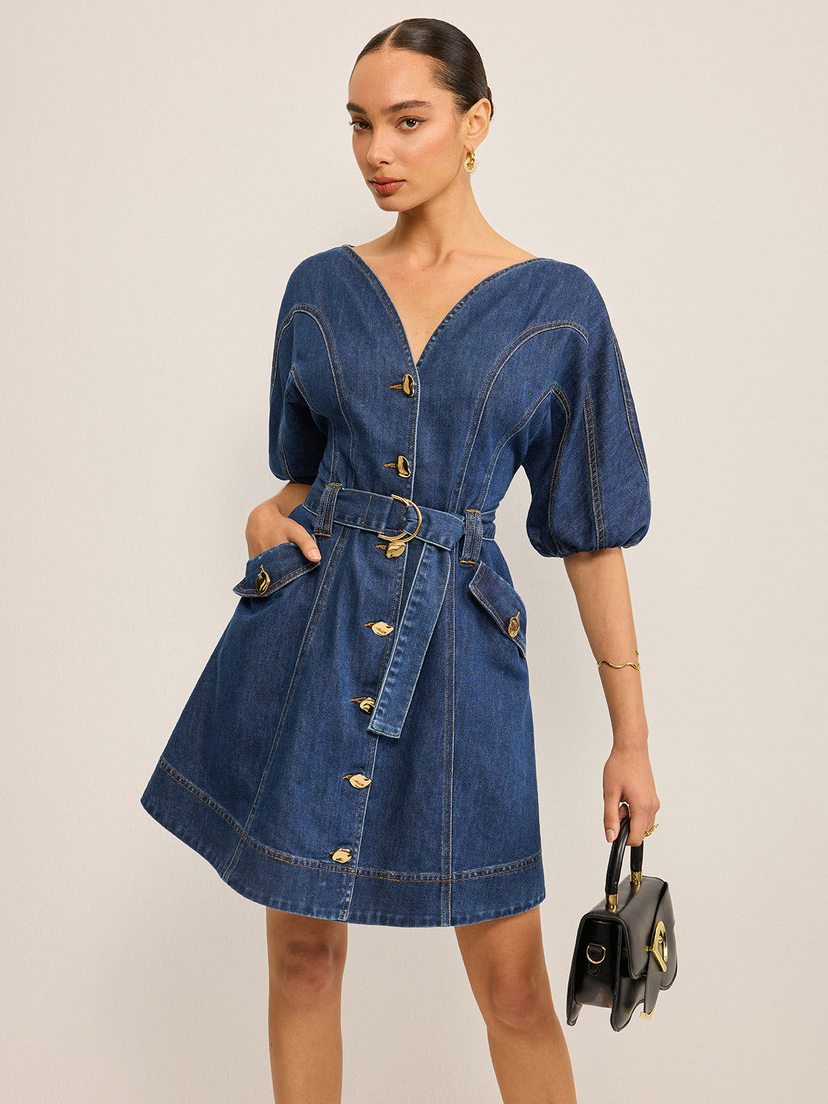 Pocketed Belted Denim Dress