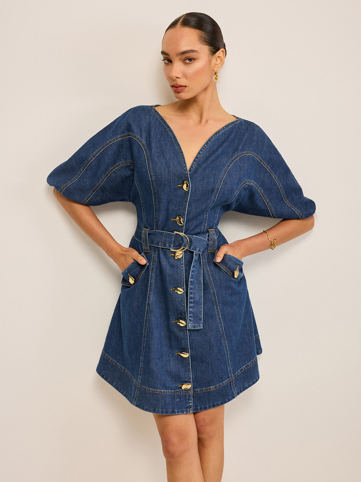 Pocketed Belted Denim Dress