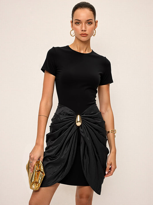 Short Sleeve Ruched Metal Buckle Dress