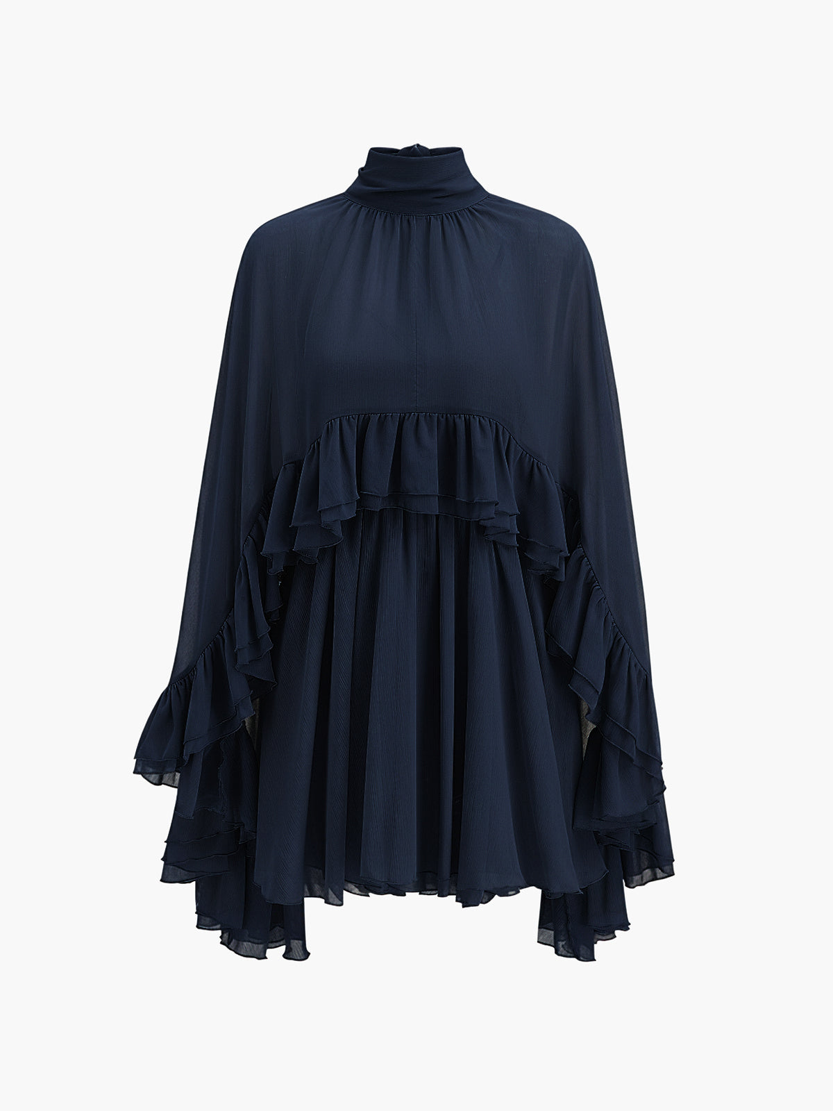Semi-Sheer Chiffon Ruffle Dress With Outer Cape
