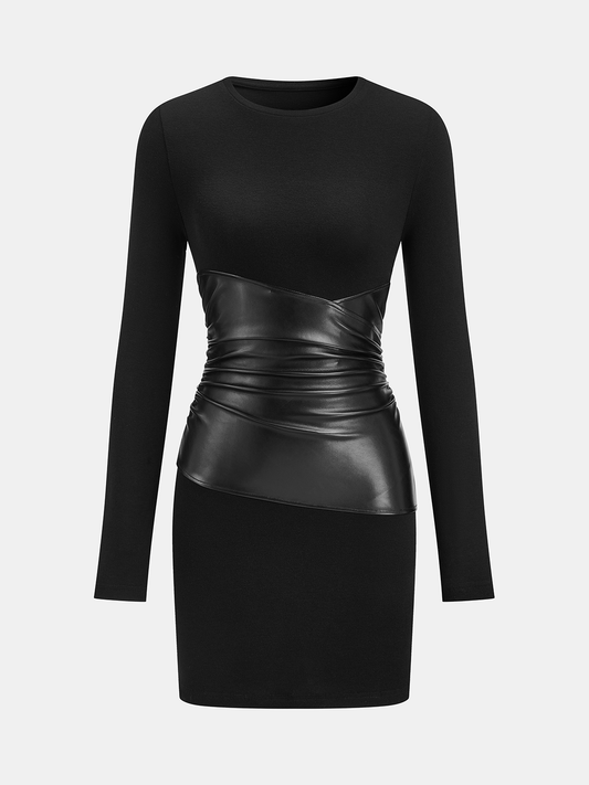 PU Leather Panel Long Sleeve Knit Dress