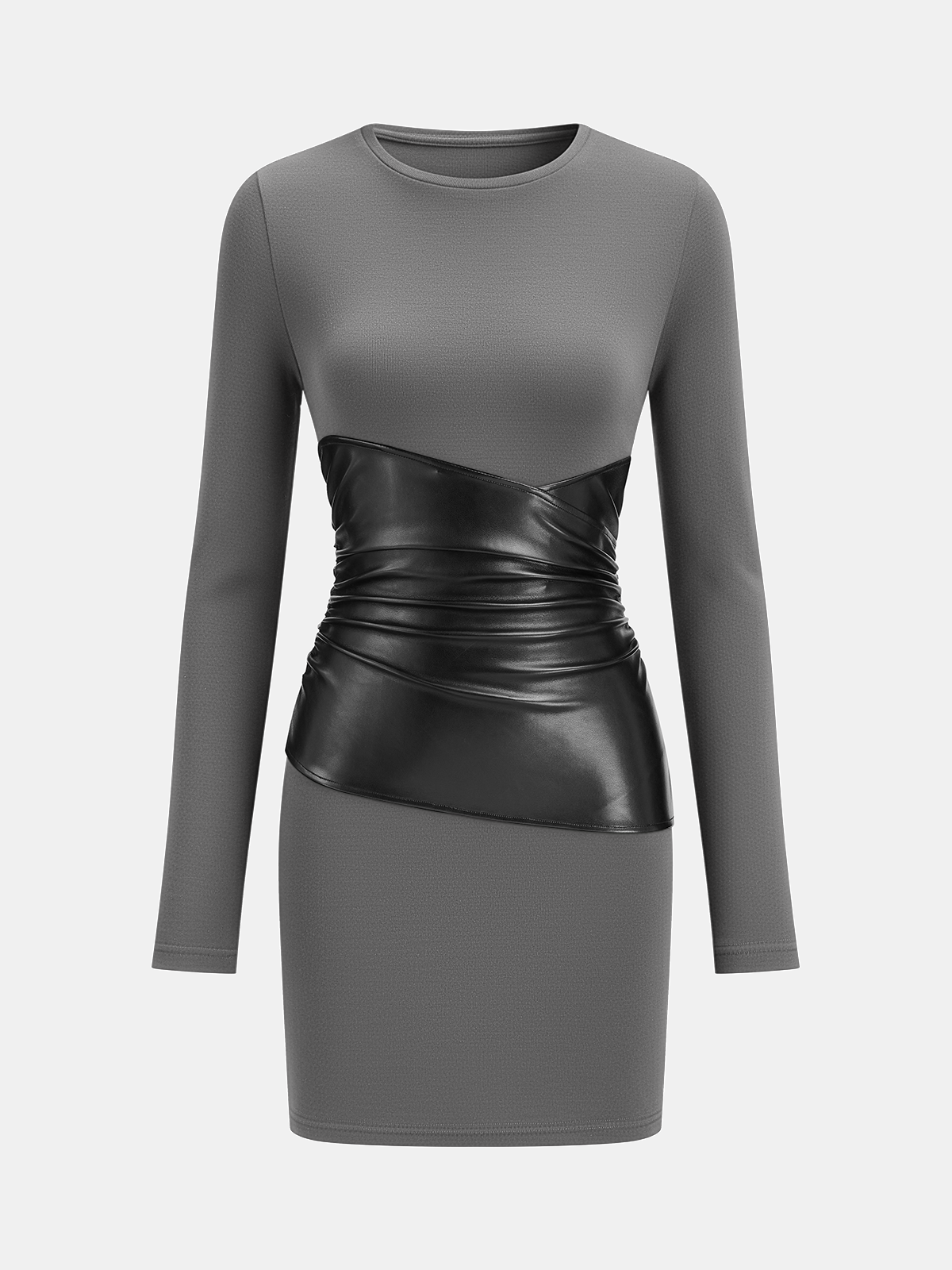 PU Leather Panel Long Sleeve Knit Dress