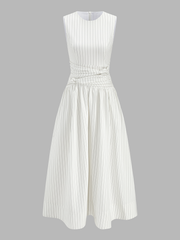 Cotton Blend Striped Ruched Sleeveless Maxi Dress