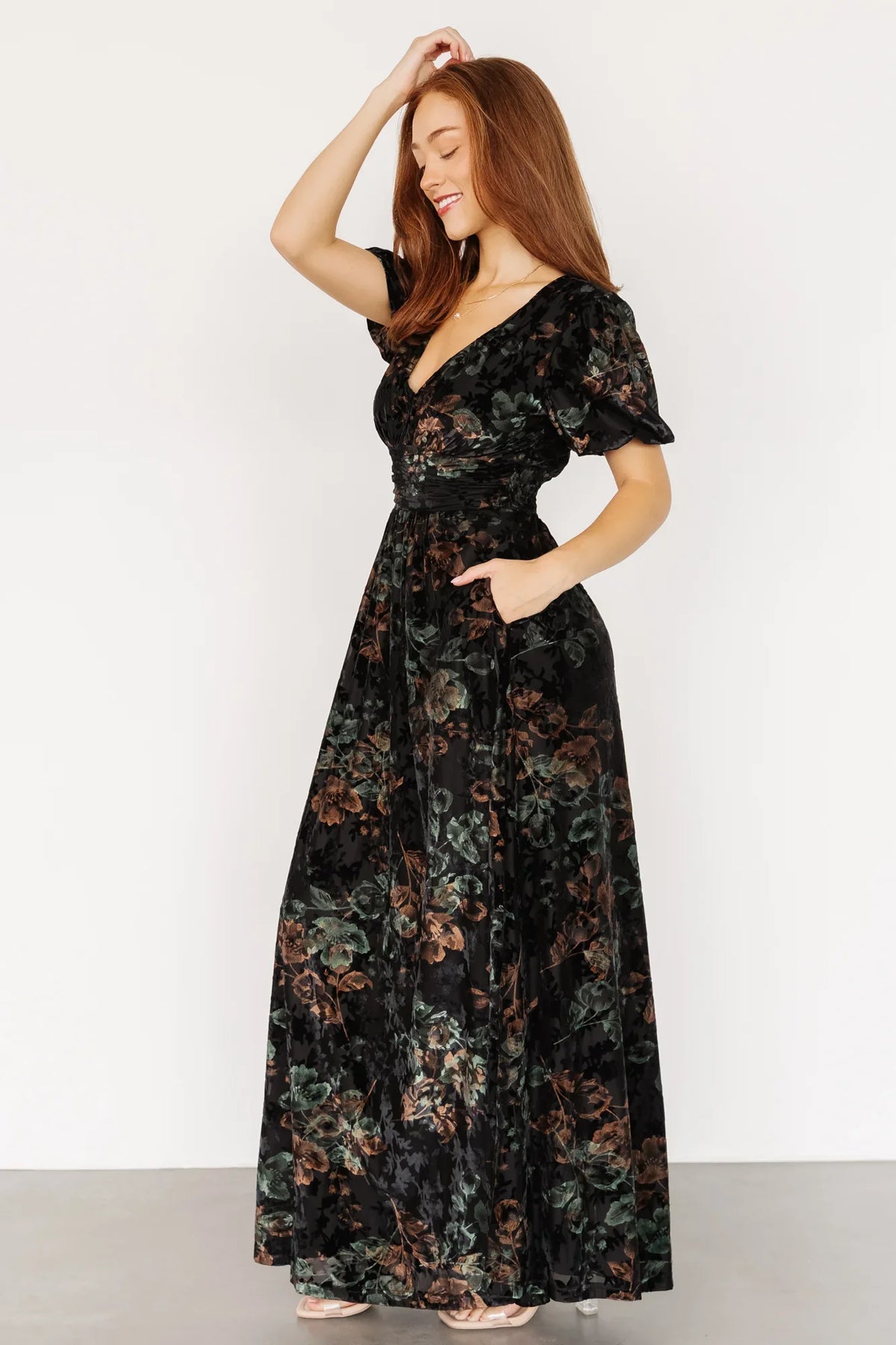 Leslie Velvet Maxi Dress | Black + Deep Jade Floral