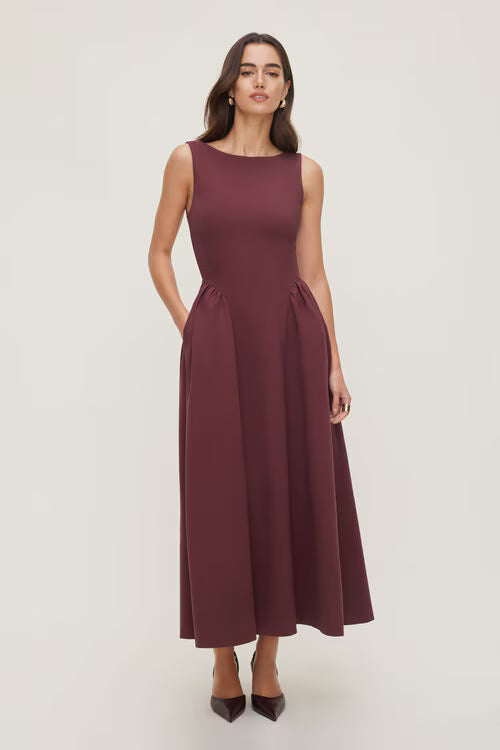 Iris Flared Ponte Maxi Dress-Zinfandel Burgundy