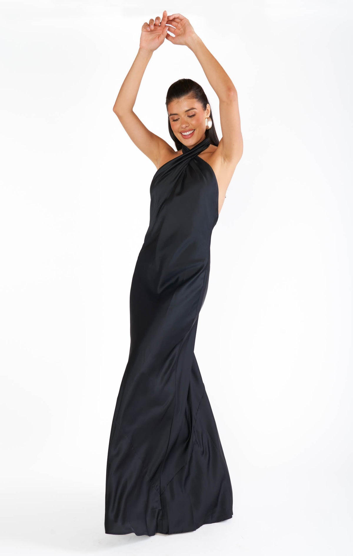 Jasmine Halter Maxi Dress ~ Black Luxe Satin