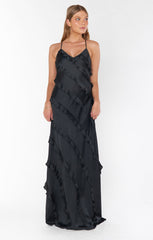 Romance Ruffle Dress ~ Black Luxe Satin