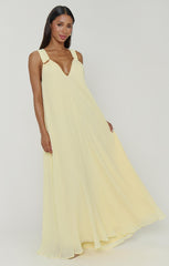 Heidi Maxi Dress ~ Pale Yellow Pleated Chiffon
