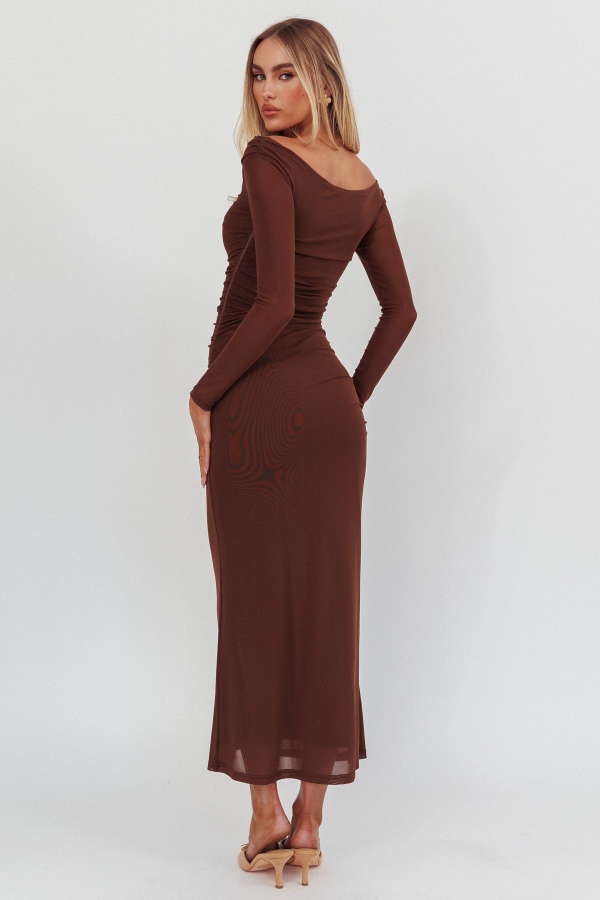 In Blooms Off Shoulder Mesh Maxi Dress Chocolate