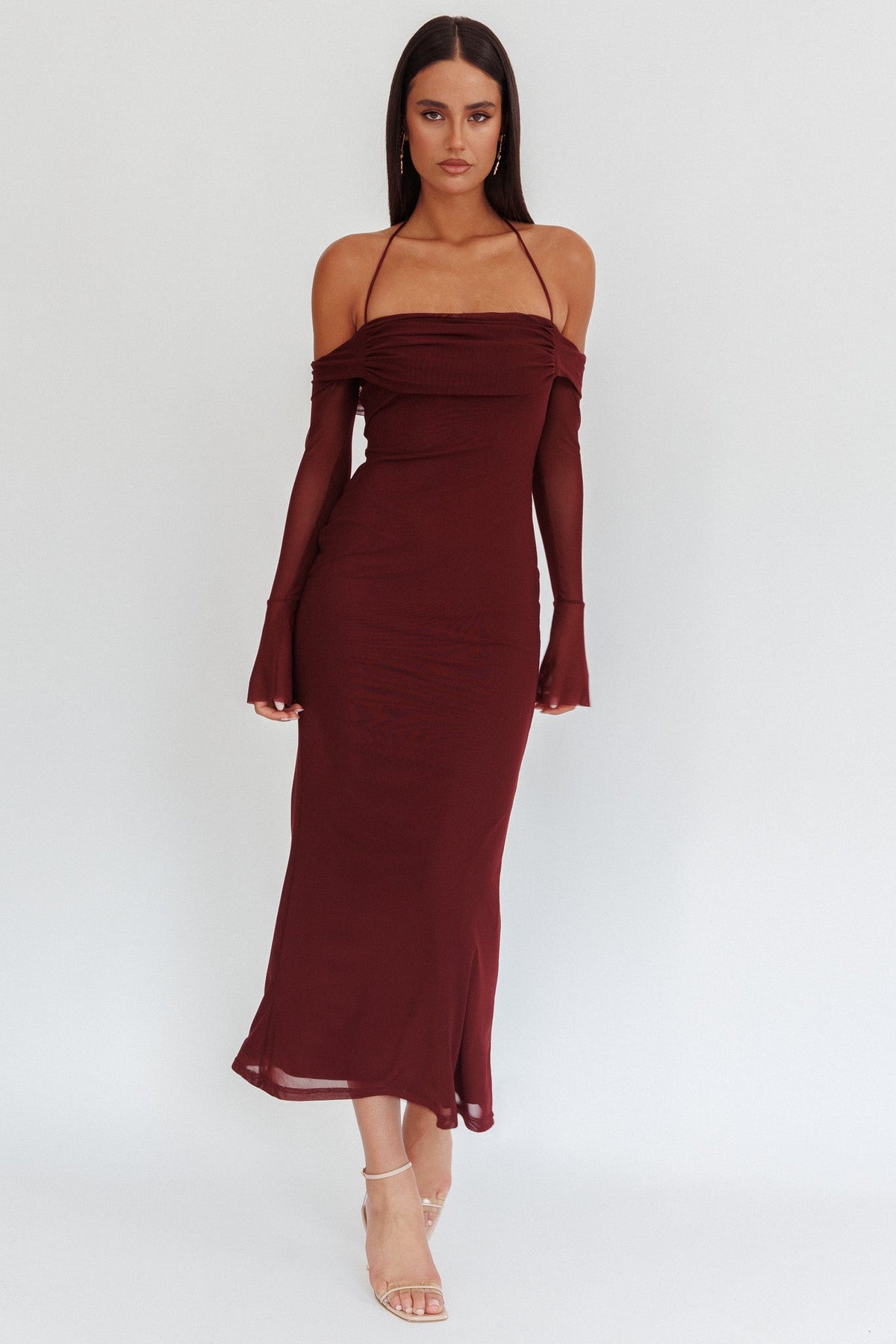 Numbers Game Off-Shoulder Halter Maxi Dress Chocolate