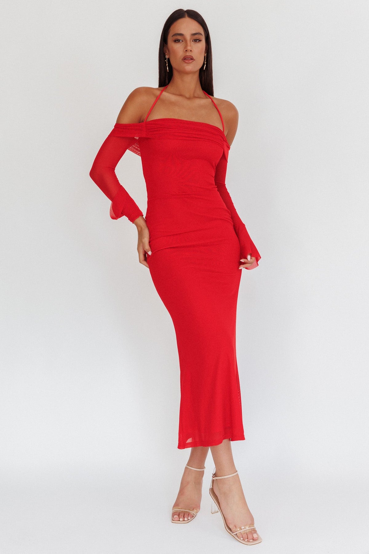 Numbers Game Off-Shoulder Halter Maxi Dress Red