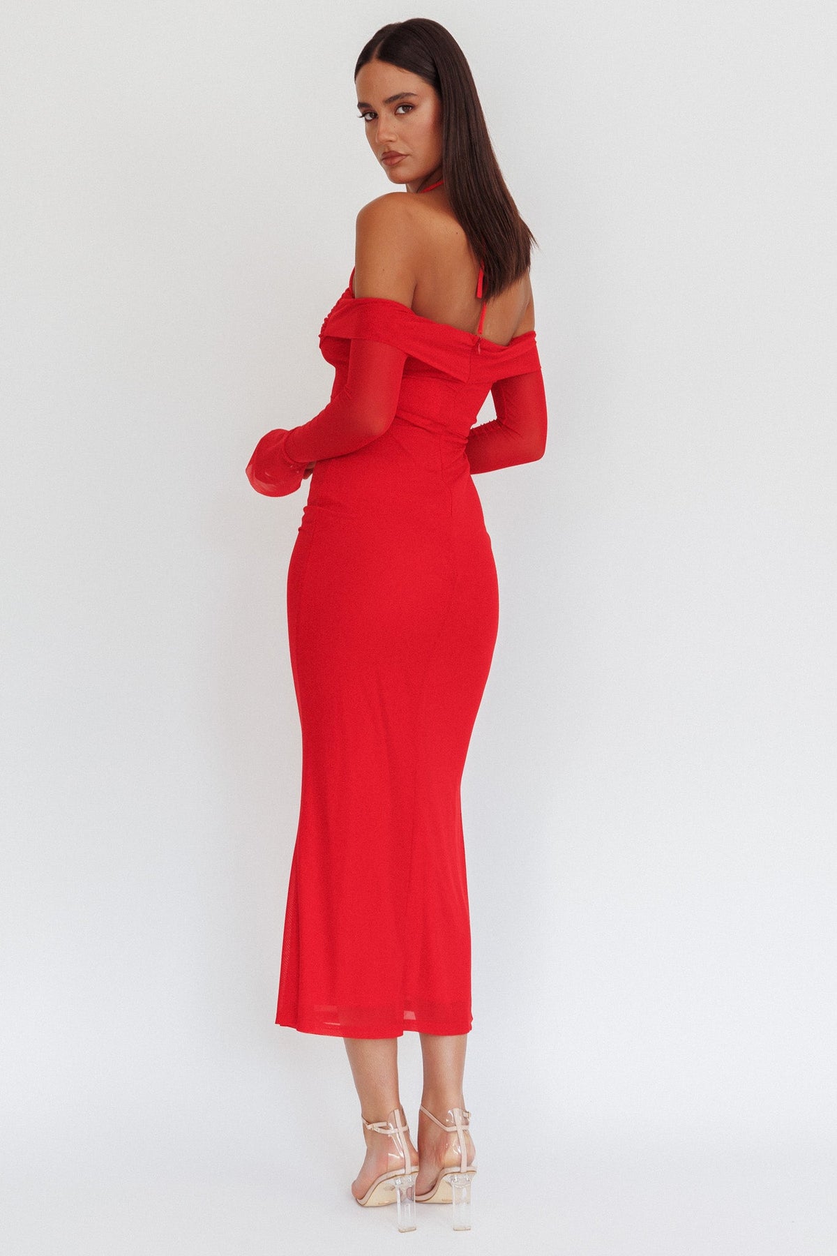 Numbers Game Off-Shoulder Halter Maxi Dress Red