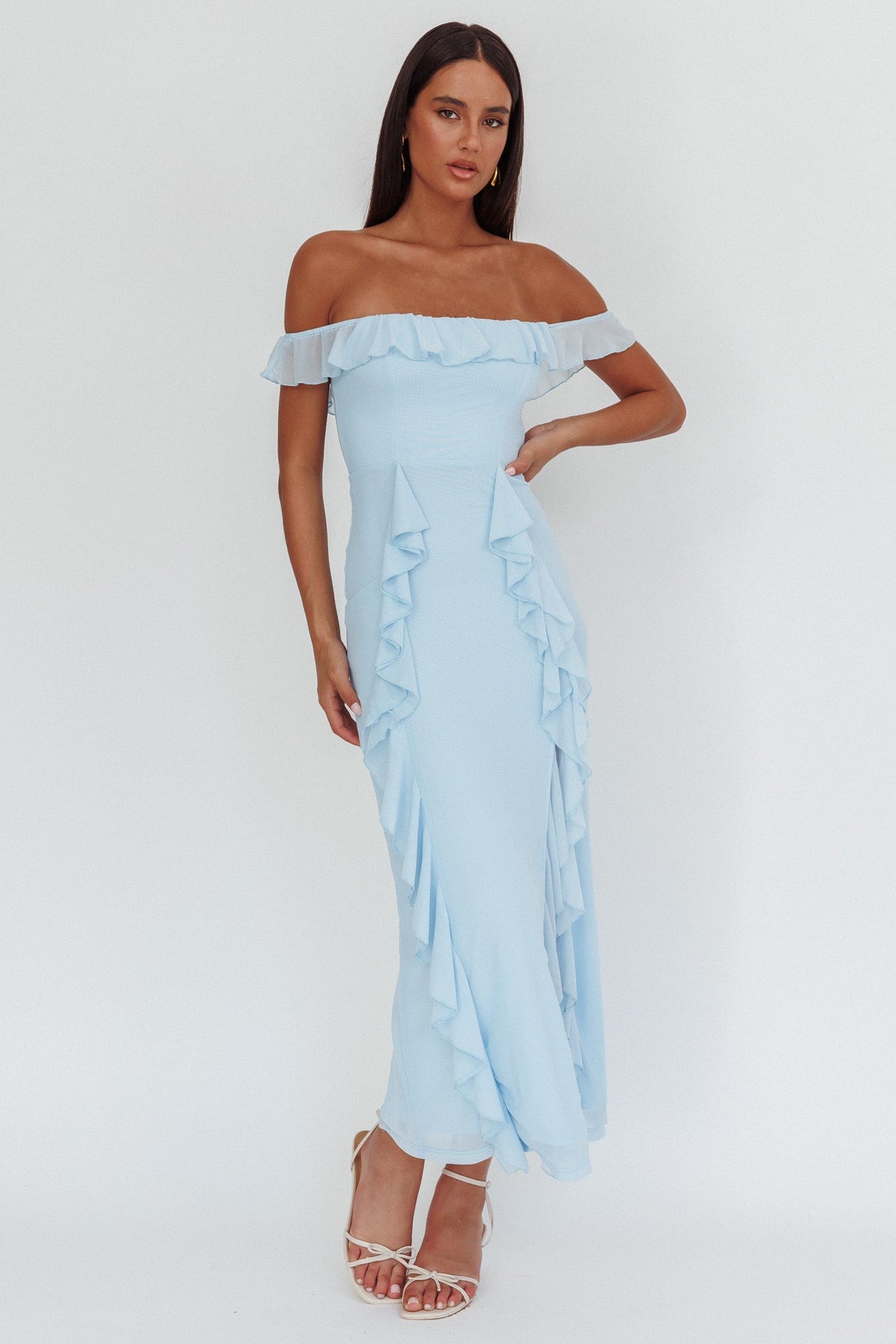 Flamenco Off-Shoulder Ruffle Maxi Dress Blue