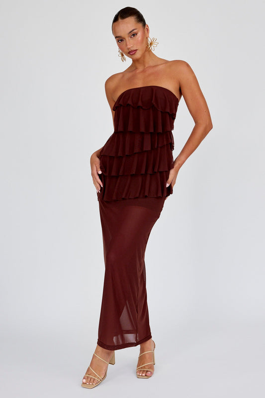 Crewe Strapless Ruffle Maxi Dress Chocolate