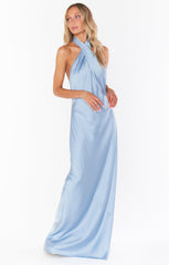 Jasmine Halter Maxi Dress ~ Steel Blue Luxe Satin