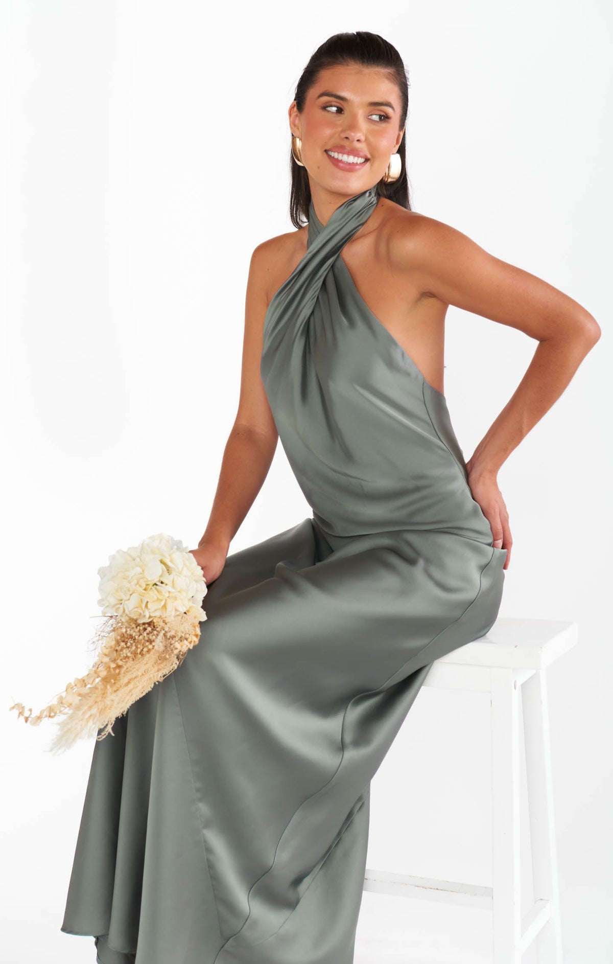 Jasmine Halter Maxi Dress ~ Deep Sage Luxe Satin