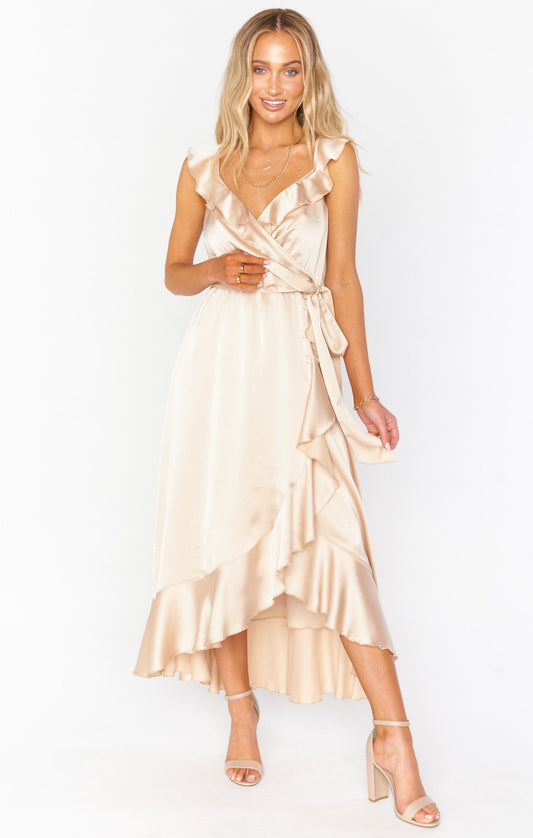 Samantha Ruffle Wrap Dress ~ Champagne Luxe Satin