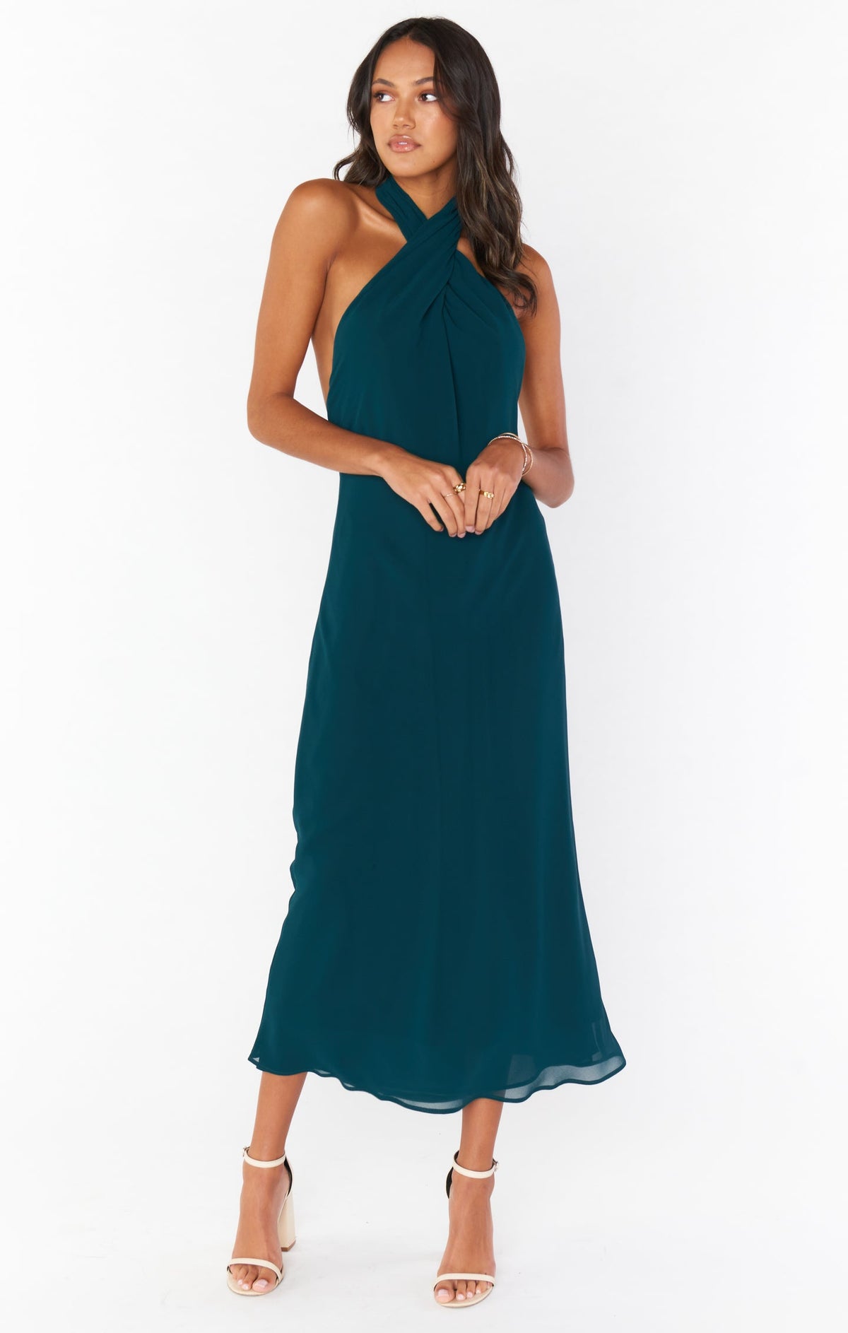 Jasmine Halter Midi Dress ~ Emerald Chiffon