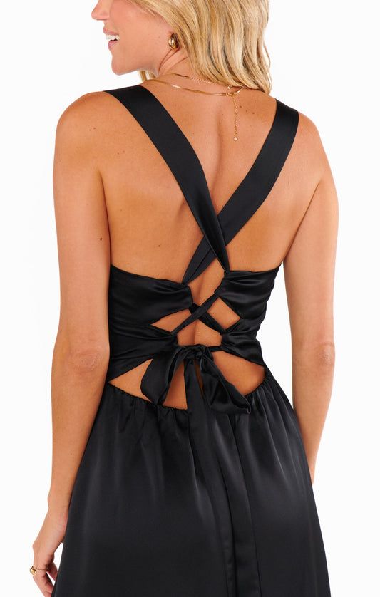 Mina Midi Dress ~ Black Luxe Satin