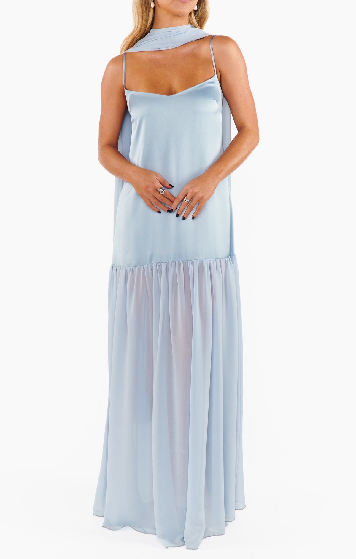 Dalia Maxi Dress ~ Steel Blue Luxe Satin
