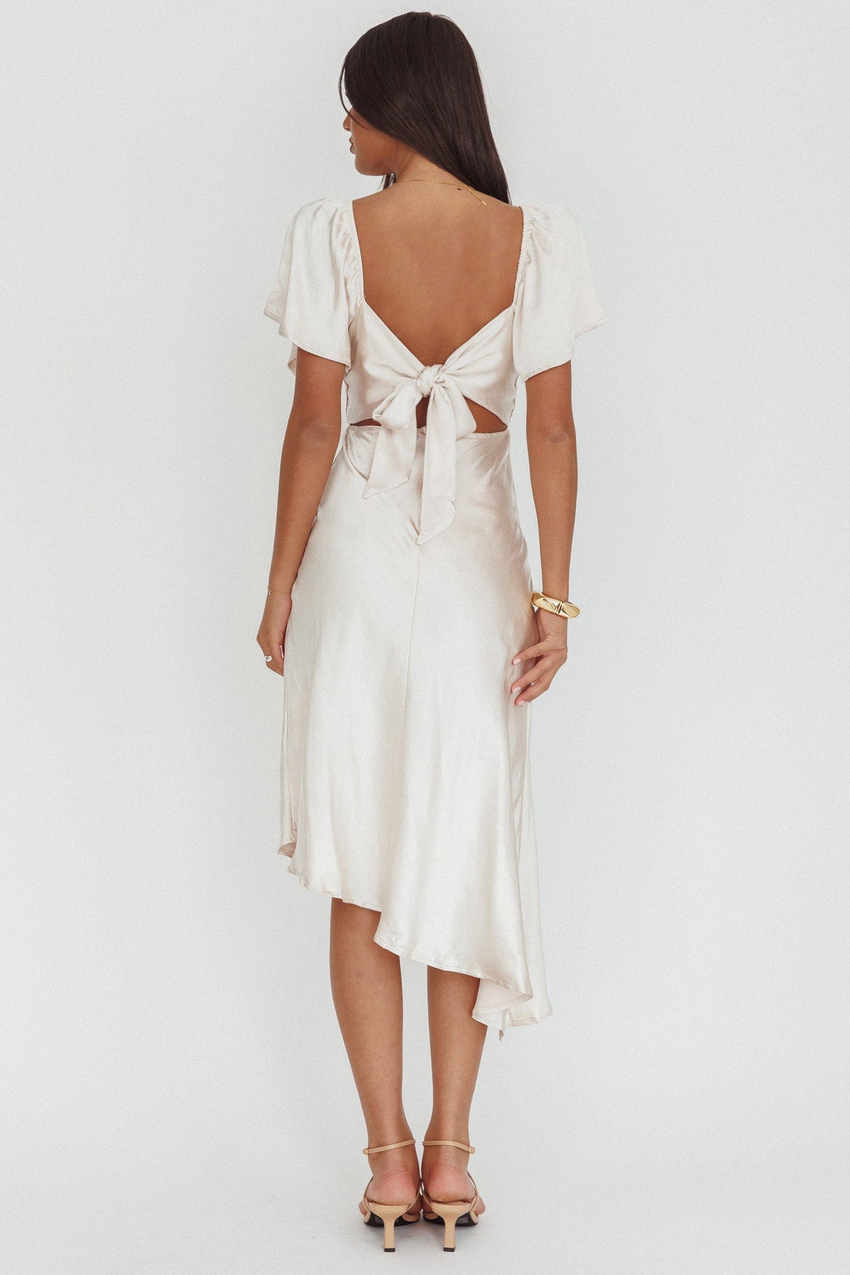 Grayson Tied Back Asymmetrical Midi Dress Champagne