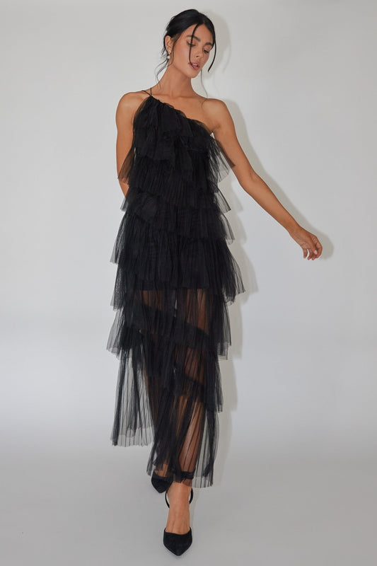 Arrabel Tiered Ruffle Tulle Maxi Dress Black