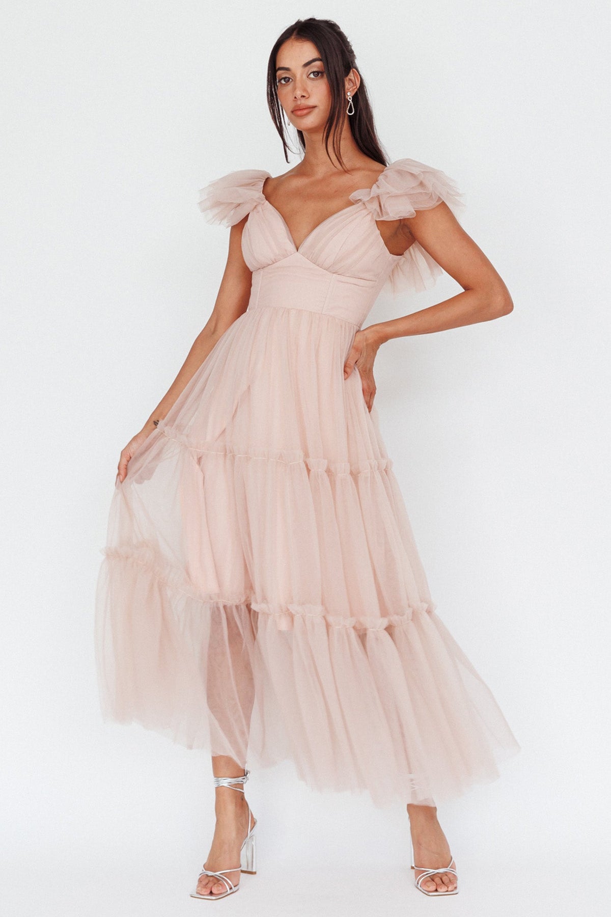 Amal Ruffle Shoulder Tulle Midi Dress Nude