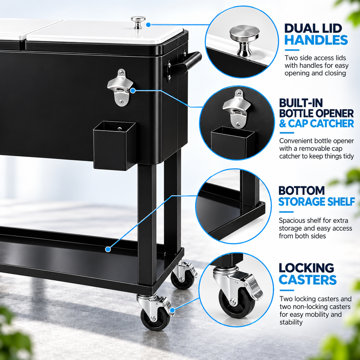 80QT Rolling Cooler Cart – Portable Patio Ice Chest with Wheels & Bottle Opener